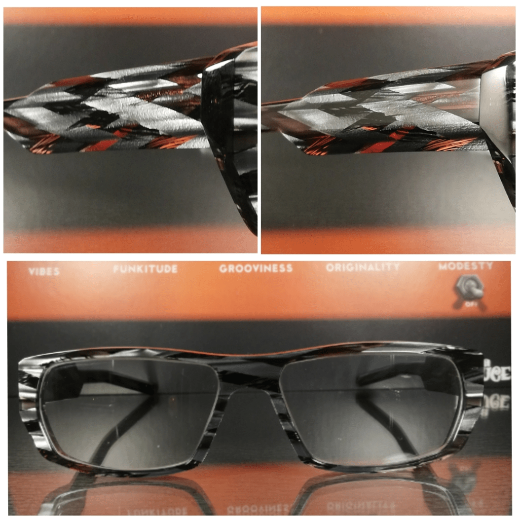 handgefertigte individuelle brille in 3D textur und außergewöhnlicher facettierung.